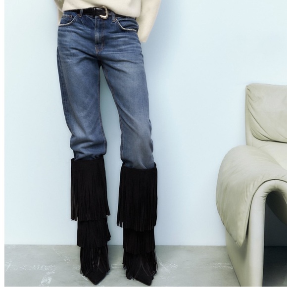 Zara FRINGED HEELED LEATHER KNEE HIGH BOOTS - Picture 3 of 9